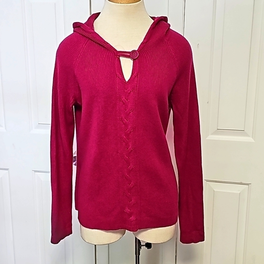 TALBOTS, women's fusha pop over sweater with hood. Large